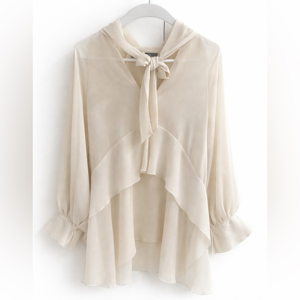 Zara ruffled chic elegant cream long oversized sheer  blouse bow wrap tie sz S
